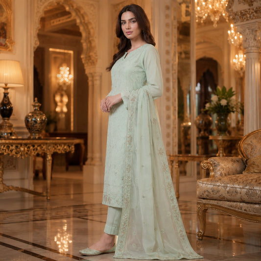 Mint Green Pure Lawn 3-Piece Suit | All-Over Delicate Handmade Embroidery | Laser & Stone Work | Party Wear