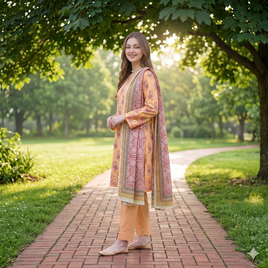 Apricot Orange Digital Printed Lawn 3-Piece Suit — Dusty Rose Dupatta