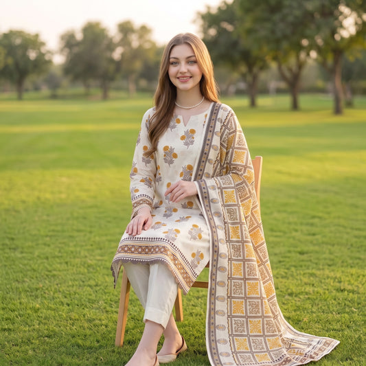 Ivory White Digital Printed Lawn 3-Piece Suit — Mustard Check Dupatta