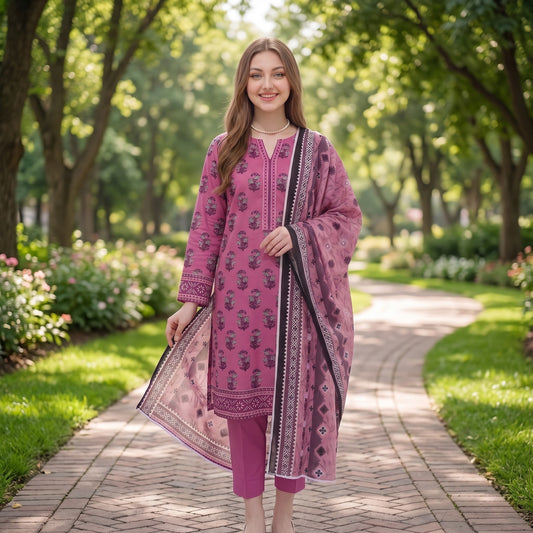 Mauve Pink Digital Printed Lawn 3-Piece Suit — Plum Bordered Dupatta