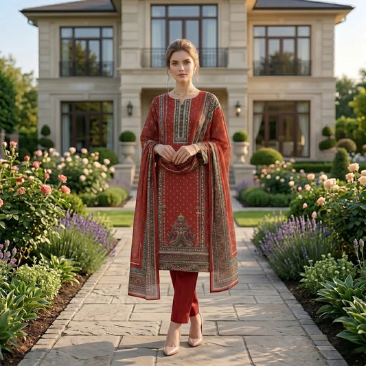 Maroon Geometric Printed Lawn — 3 Piece Unstitched