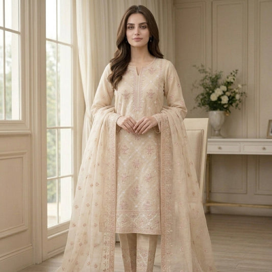 Cream Pure Lawn 3-Piece Suit | Pink Floral Handmade Embroidery | Laser Cut & Stone Work | Party Wear