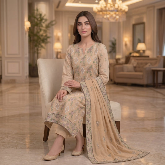 Beige Pure Lawn 3-Piece Suit | Pink Floral & Diamond Handmade Embroidery | Laser Cut & Stone Work | Party Wear