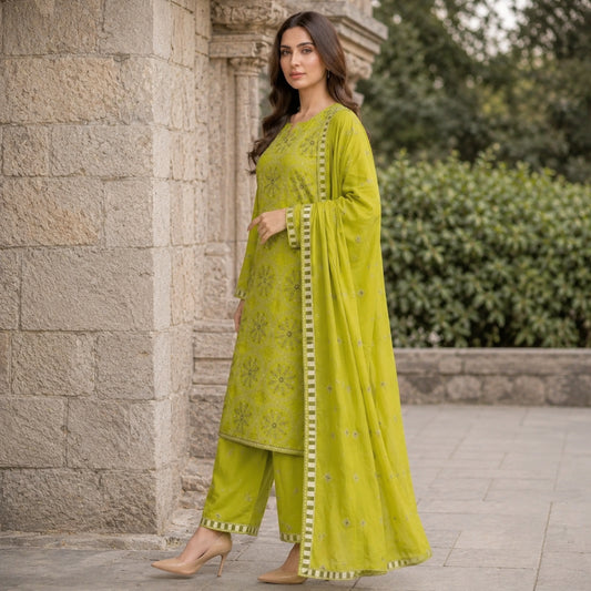 Lime Green Pure Lawn 3-Piece Suit | Circular Floral Handmade Embroidery | Sequin & Stone Work | Party Wear