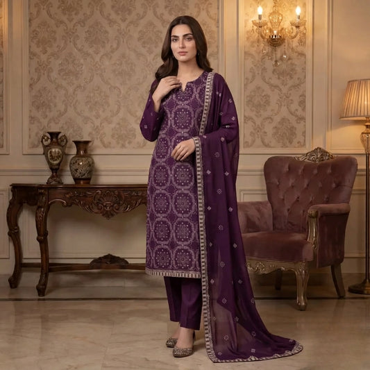 Deep Purple Pure Lawn 3-Piece Suit | Medallion Handmade Embroidery | Laser Cut & Stone Work | Party Wear