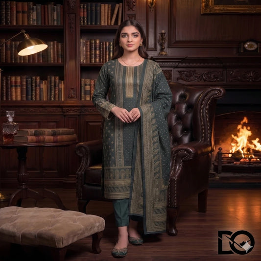 Emerald Classic 3-Piece Unstitched Digital Printed Lawn Suit | Forest Green & Gold Heritage Print