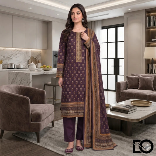 Royal Plum 3-Piece Unstitched Digital Printed Lawn Suit | Deep Purple & Gold Booti Print
