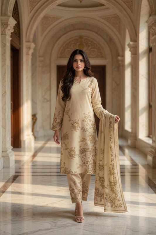 Cream Botanical Floral Digital Printed Lawn Suit | 3-Piece Unstitched Premium Lawn