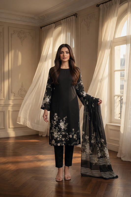 Black White Floral Digital Printed Lawn Suit | 3-Piece Unstitched Premium Lawn