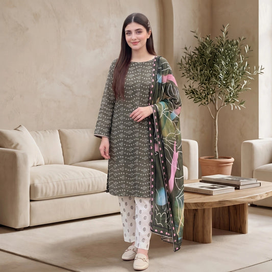 Olive Mist Bandhani 3-Piece Lawn Suit