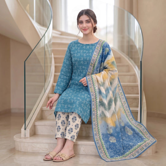 Azure Vine 3-Piece Lawn Suit