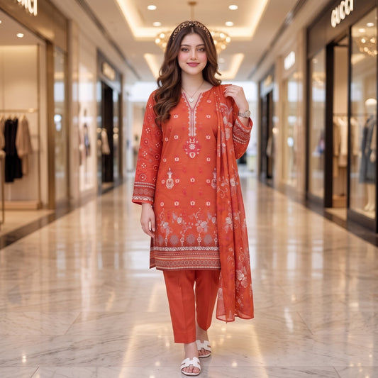 Rust Medallion Embroidery 3-Piece Lawn Suit