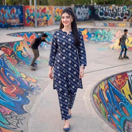 Navy blue geometric 2 piece printed lawn suit for office and university wear