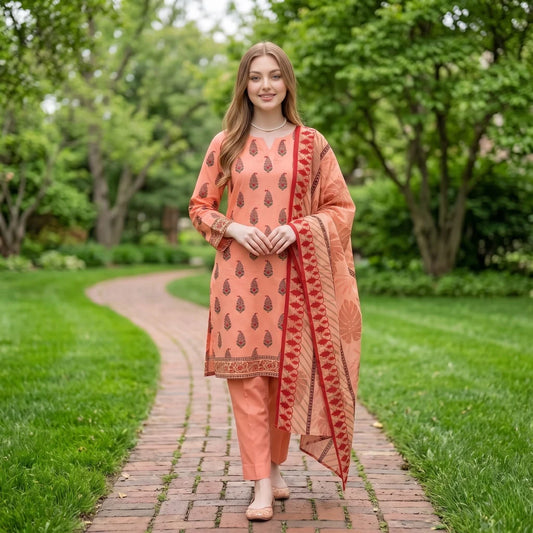 Peach coral printed lawn suit — choosing the best lawn colours for Pakistani skin tones