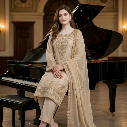 Hand-embroidered kameez neckline (gala) design on a Pakistani party suit