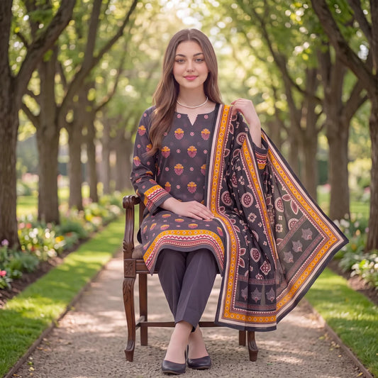 Charcoal grey digital printed lawn suit with mustard bordered dupatta for dupatta styling