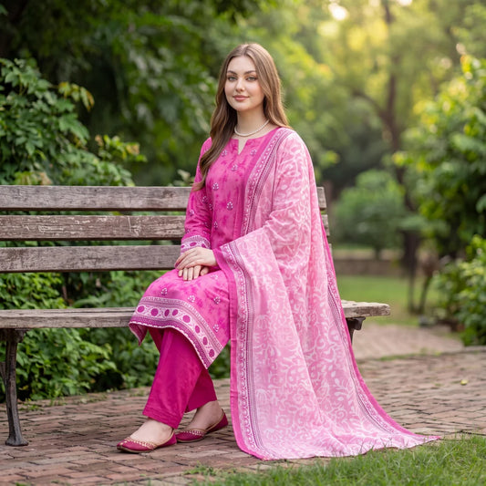 Hot pink digital printed lawn suit with ivory filigree dupatta showing a bold colour combination