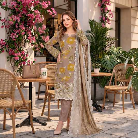 Taupe chikankari lawn 3-piece unstitched suit — online clothes shopping in Pakistan with cash on delivery