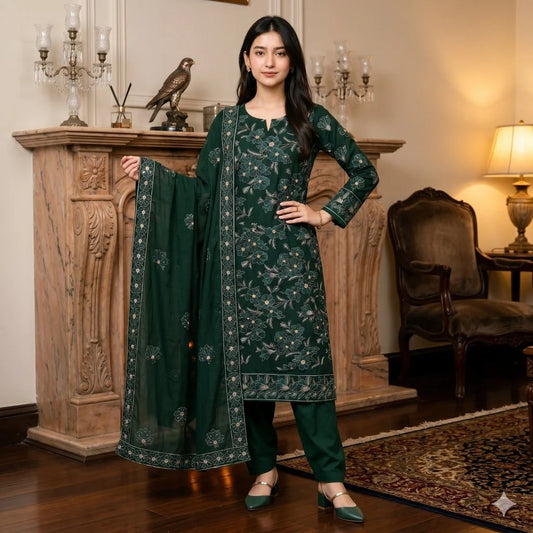Forest green tilla embroidered party suit for the bride's sister