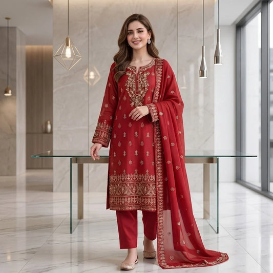 Classic red hand-embroidered lawn party suit for a Pakistani wedding guest