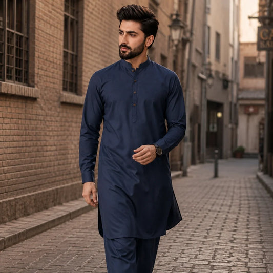 Navy blue Wash & Wear shalwar kameez fabric for men in Pakistan