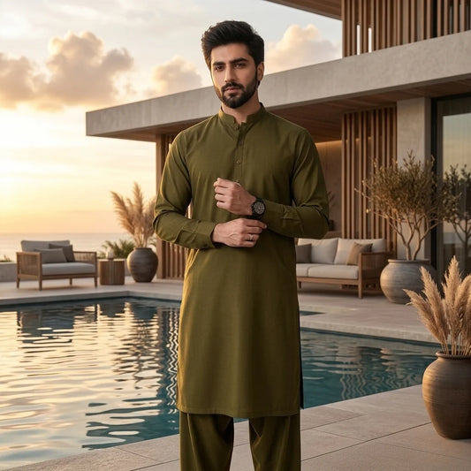 Olive green wash and wear shalwar kameez — 14 August dress ideas for men, Azadi 2026