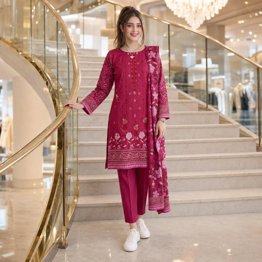 Rani pink floral embroidered lawn suit shown as a sleeve design reference for Pakistani kameez