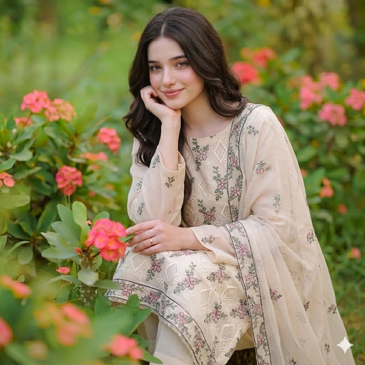 Ivory Pink Floral Embroidered Party Suit — 3 Piece