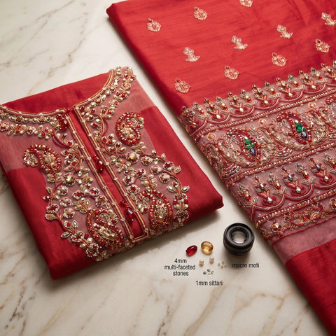 Classic Red Embroidered Party Suit — 3 Piece