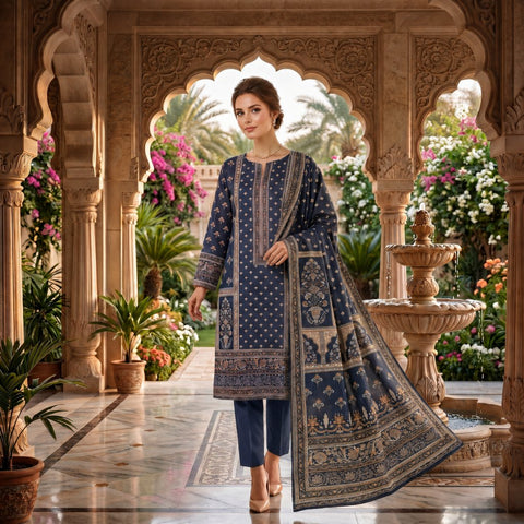 Navy Blue Mughal Printed Lawn — 3 Piece Unstitched