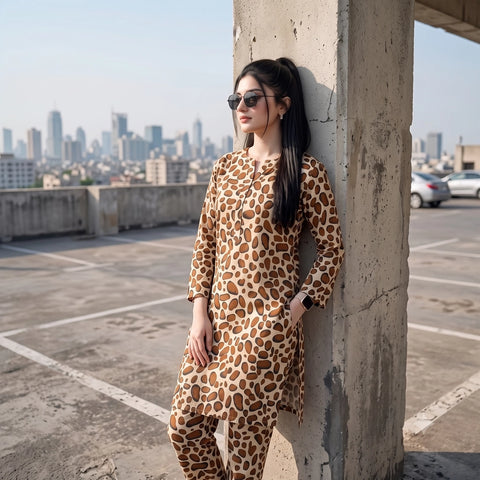 2 Pc Unstitched Digital Printed Lawn Suit - Coffee Brown Abstract Print