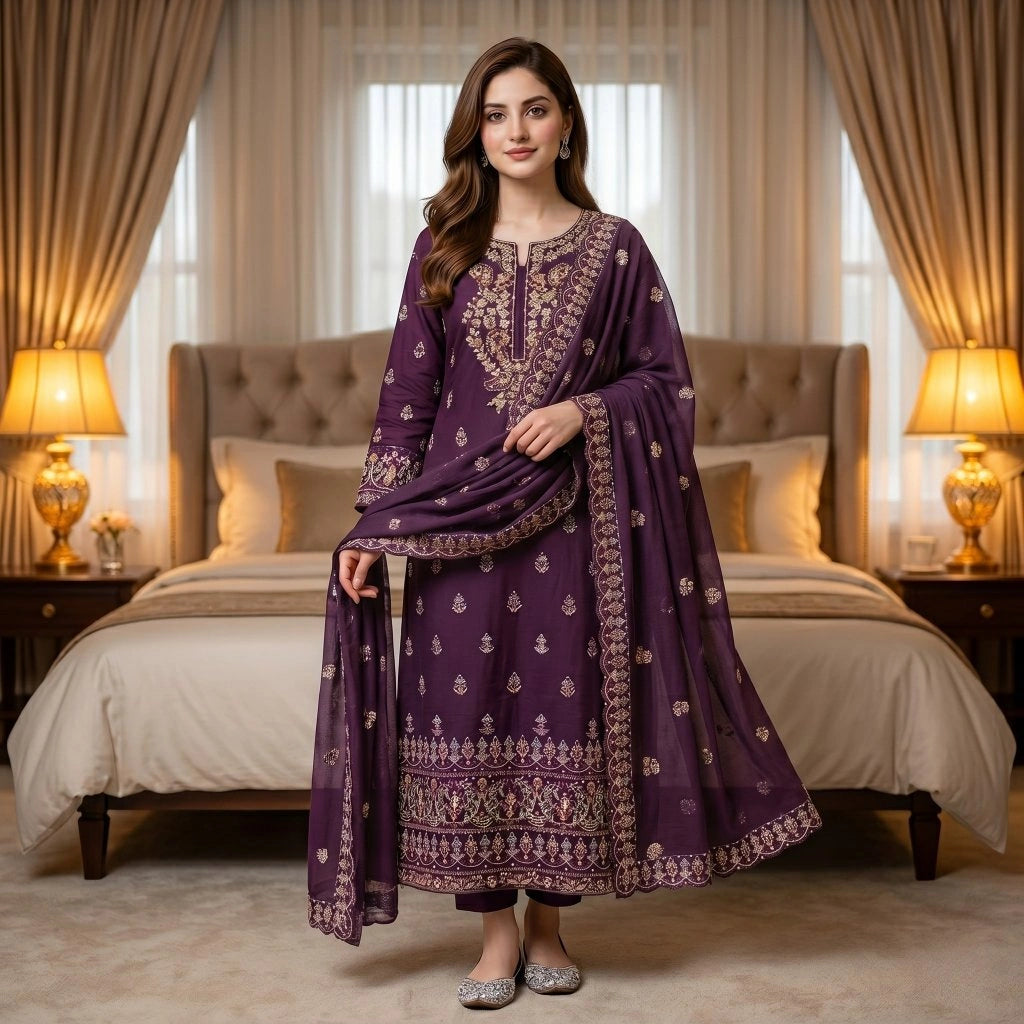 Plum Purple Embroidered Party Suit — 3 Piece
