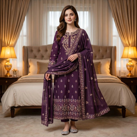 Plum Purple Embroidered Party Suit — 3 Piece