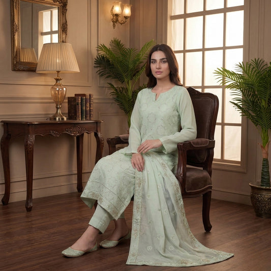 Mint Green Pure Lawn 3-Piece Suit | All-Over Delicate Handmade Embroidery | Laser & Stone Work | Party Wear