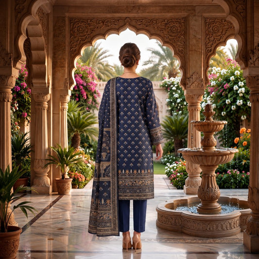Navy Blue Mughal Printed Lawn — 3 Piece Unstitched