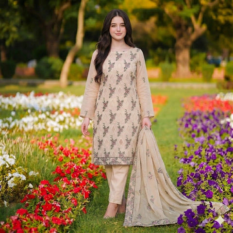 Ivory Pink Floral Embroidered Party Suit — 3 Piece