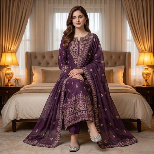 Plum Purple Embroidered Party Suit — 3 Piece