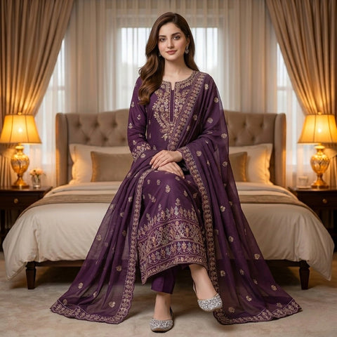 Plum Purple Embroidered Party Suit — 3 Piece