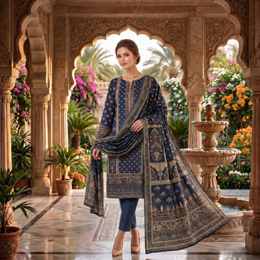 Navy Blue Mughal Printed Lawn — 3 Piece Unstitched