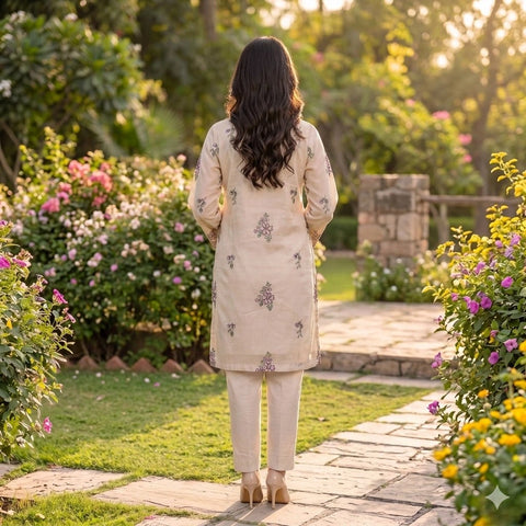 Ivory Pink Floral Embroidered Party Suit — 3 Piece