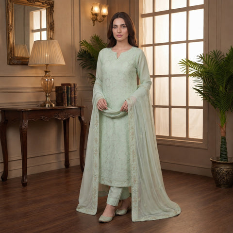 Mint Green Pure Lawn 3-Piece Suit | All-Over Delicate Handmade Embroidery | Laser & Stone Work | Party Wear