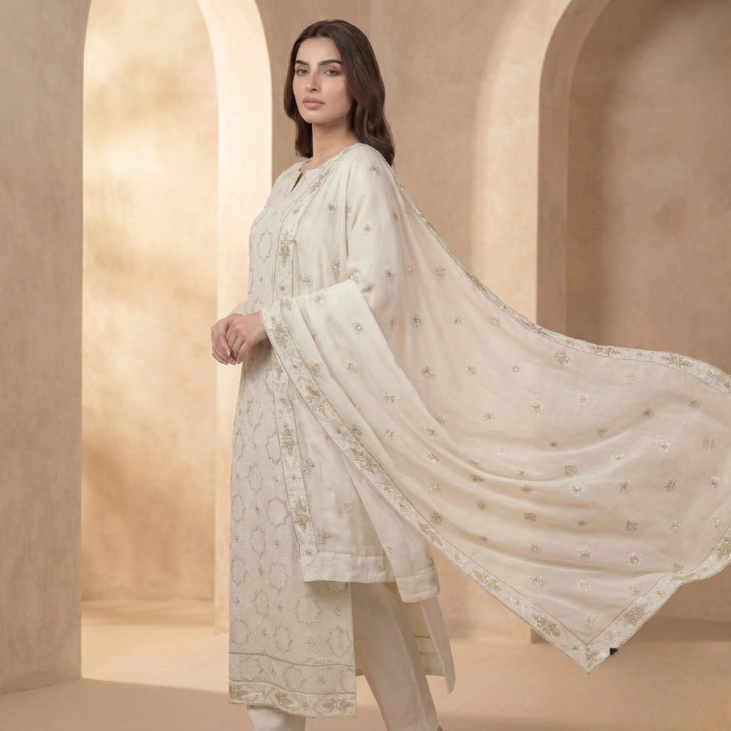 Off-White Pure Lawn 3-Piece Suit | Gold Geometric Handmade Embroidery | Laser Cut & Stone Work | Party Wear