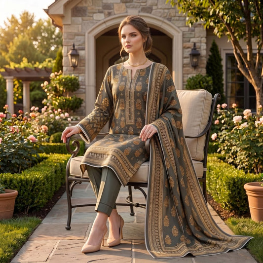 Olive Grey Botanic Printed Lawn — 3 Piece Unstitched