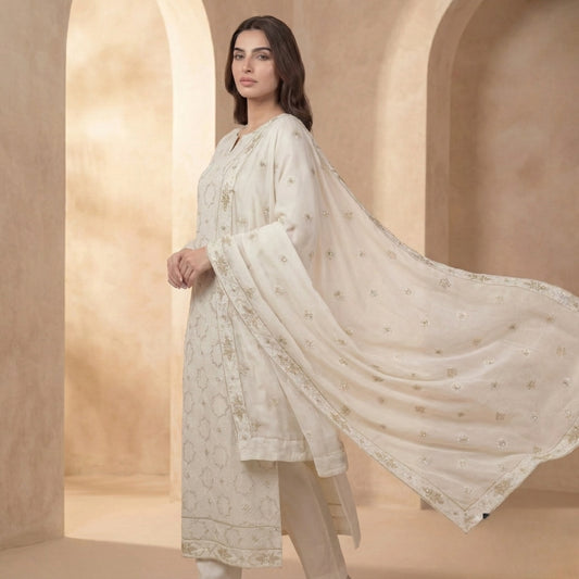 Off-White Pure Lawn 3-Piece Suit | Gold Geometric Handmade Embroidery | Laser Cut & Stone Work | Party Wear