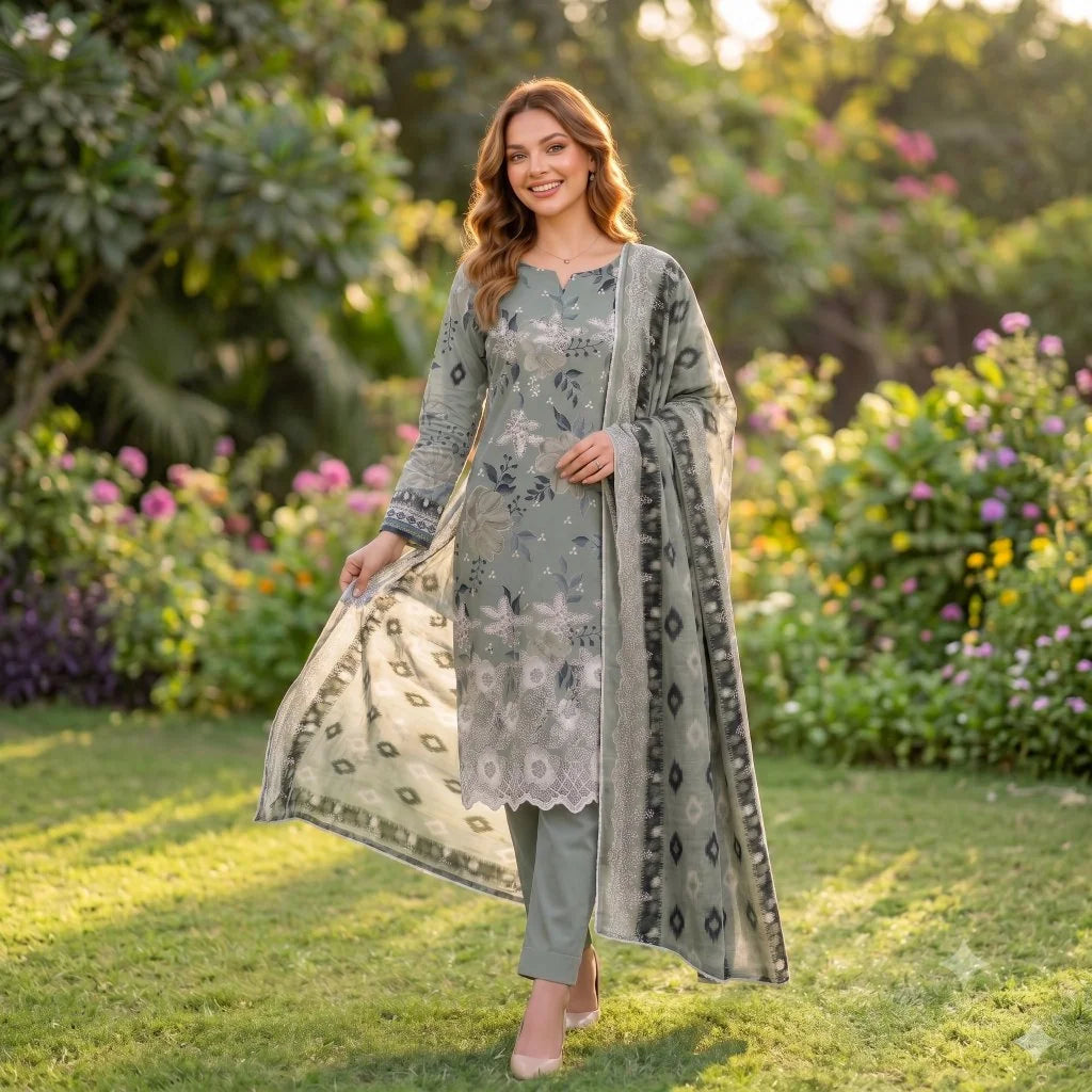 Silver Grey Chikankari Lawn — 3 Piece Unstitched