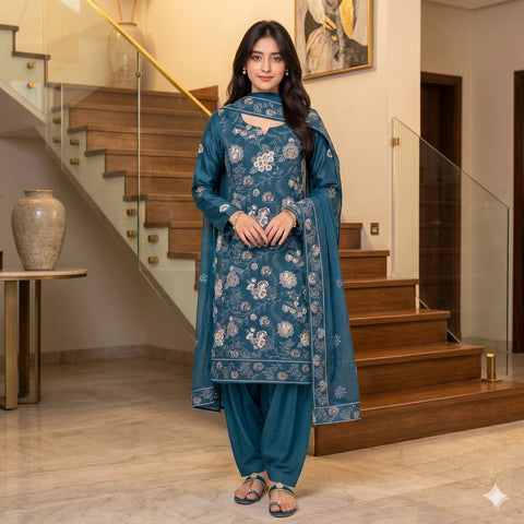 Teal Blue Tilla Party Suit — 3 Piece