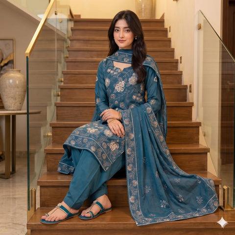Teal Blue Tilla Party Suit — 3 Piece