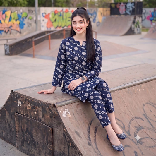 2 Pc Unstitched Digital Printed Lawn Suit - Navy Blue Geometric Print