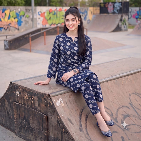 2 Pc Unstitched Digital Printed Lawn Suit - Navy Blue Geometric Print