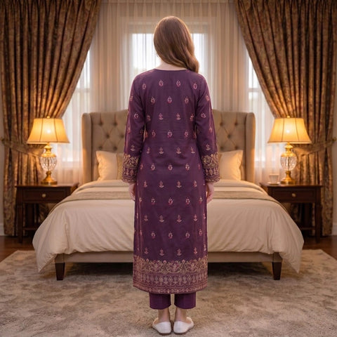 Plum Purple Embroidered Party Suit — 3 Piece
